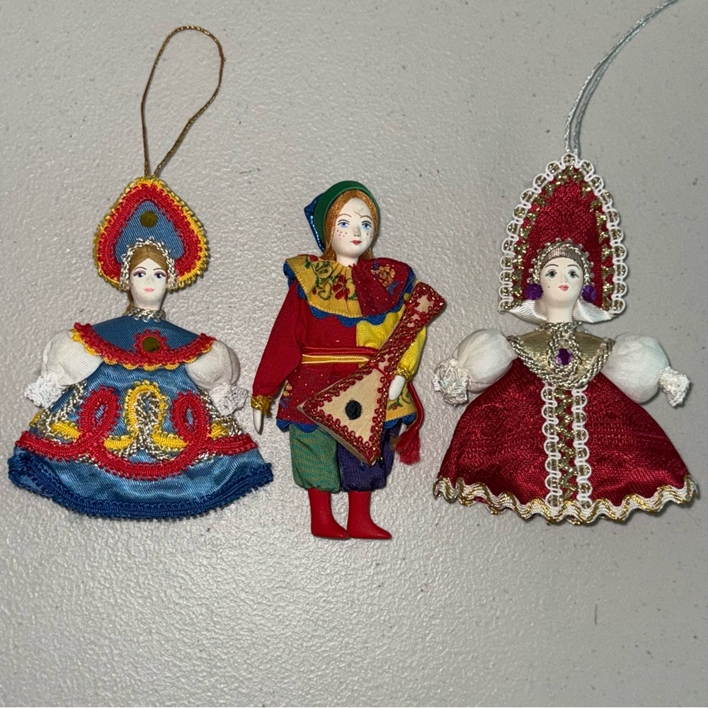 3 Russian Traditional Dolls Christmas Ornaments Porcelain Face Dress Hand Made